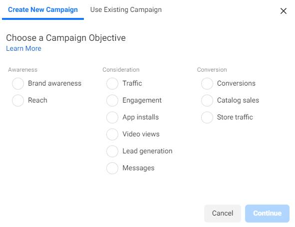 Facebook Available Ad Objectives 2020