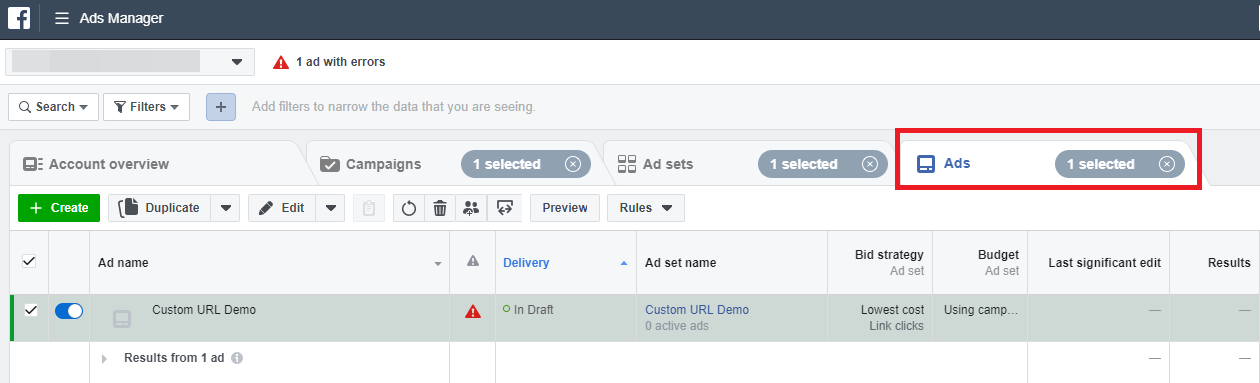 Facebook Ads Manager中Ads部份