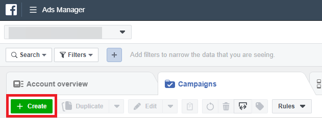 於 Facebook Ads Manager 中點解Create 以開始建立Campaign