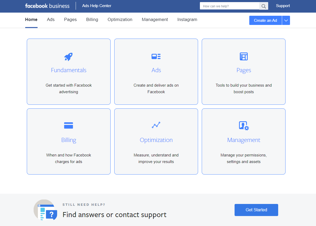 Facebook Business Help HomePage