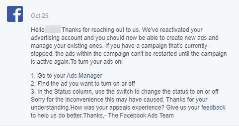 Facebook reply on Disabled Ad Account