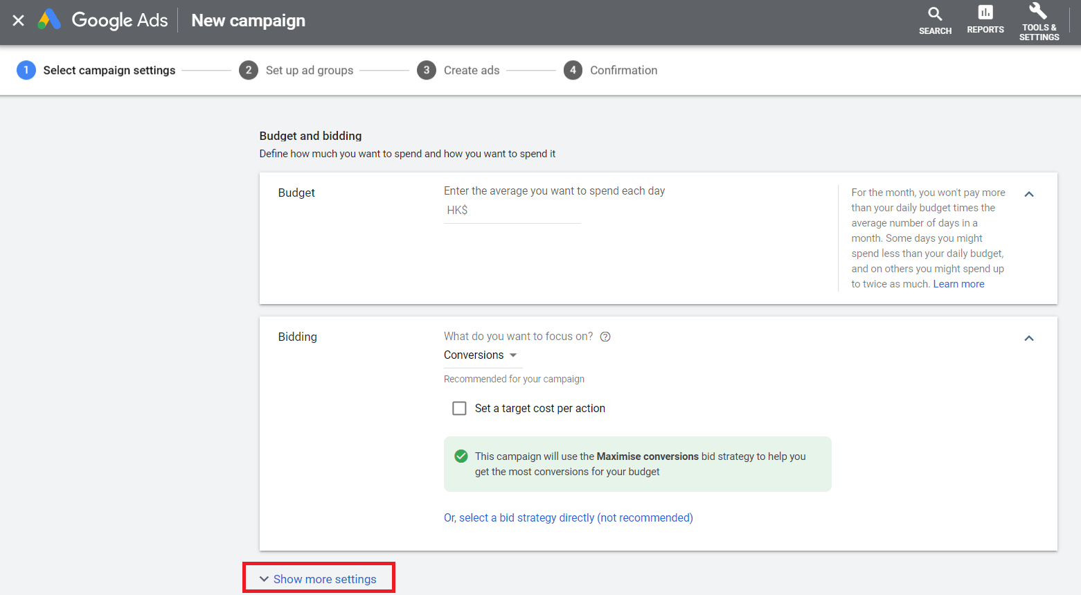 Click more settings in Google Ads set up
