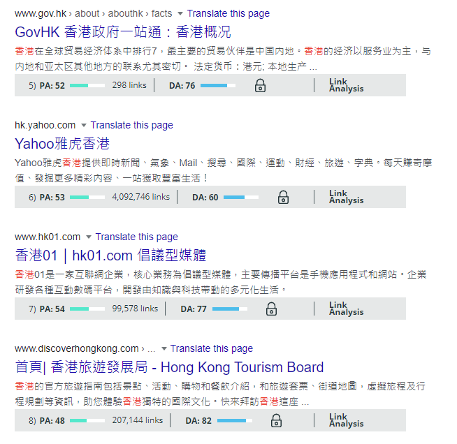 Domain Authority of web pages under keyword "Hong Kong"