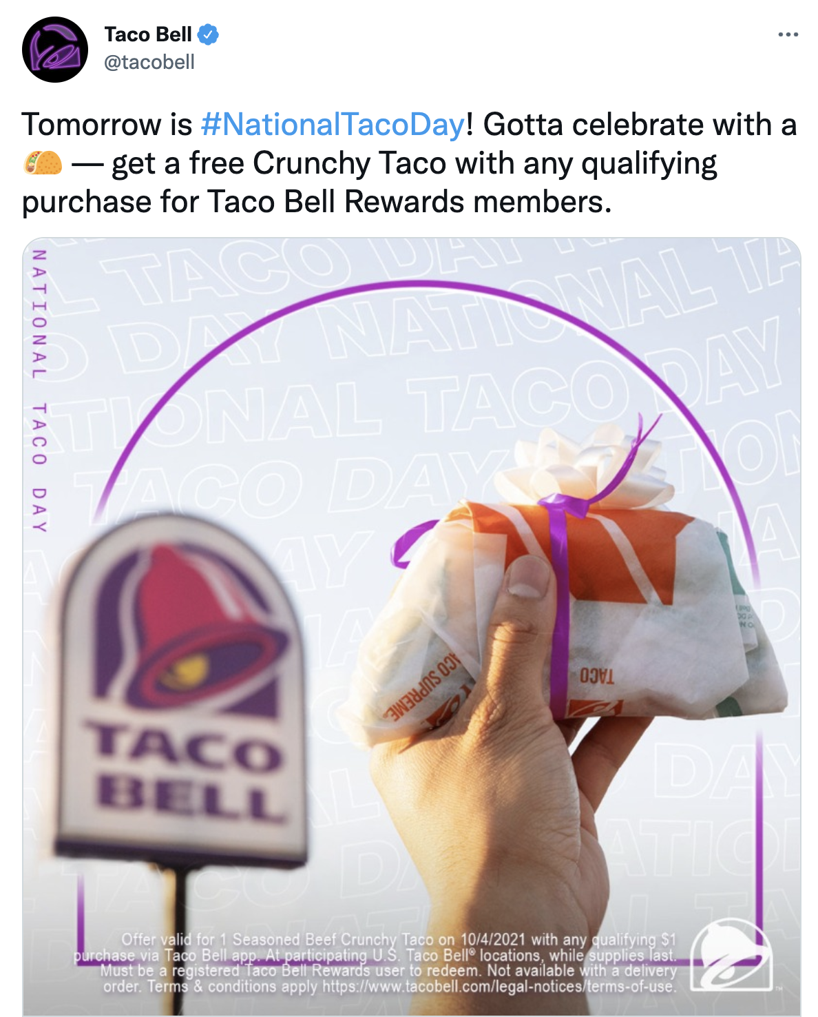Twitter 貼文：Taco Bell Rewards 會員送免費 Taco