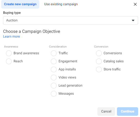 Facebook Ads Manager Objective (Old)
