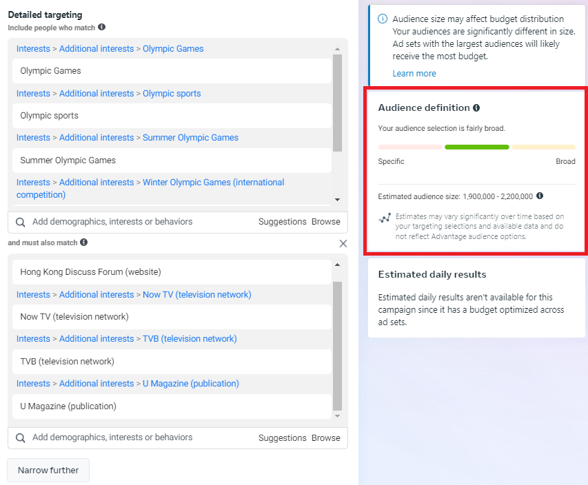 meta ads - detail targeting - potential reach (before)